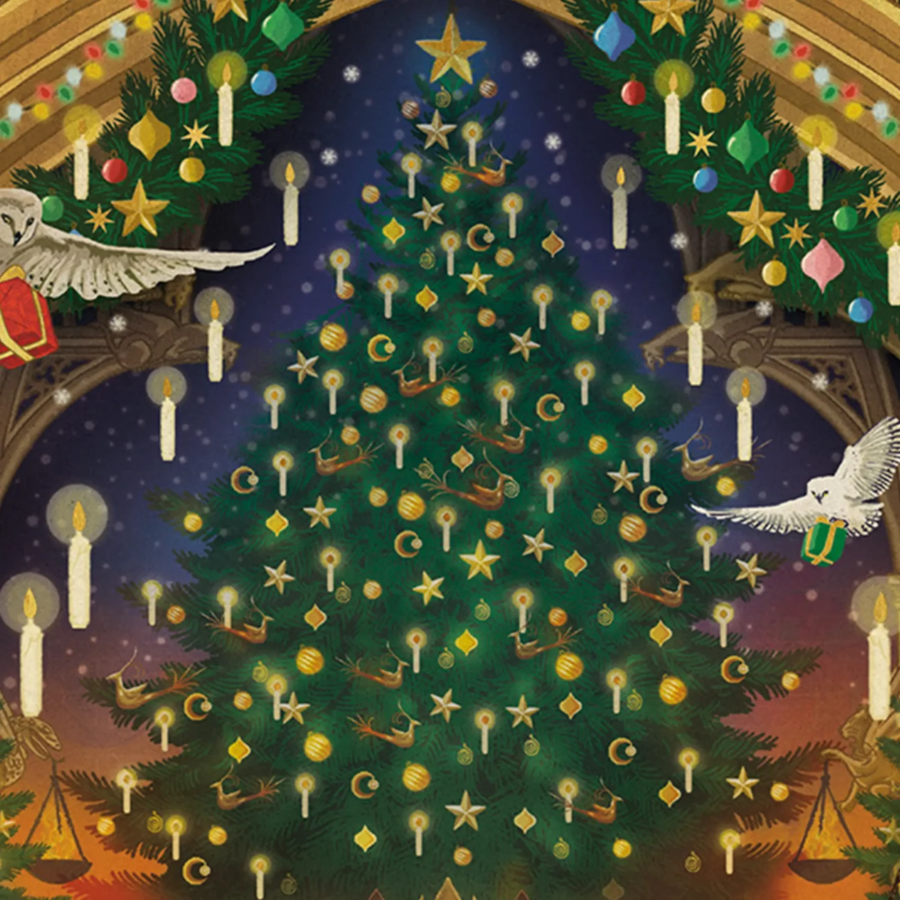 Harry Potter Hogwarts 'A Wizarding Christmas' art print with gold foil detailing (close-up detail of tree with floating candles)