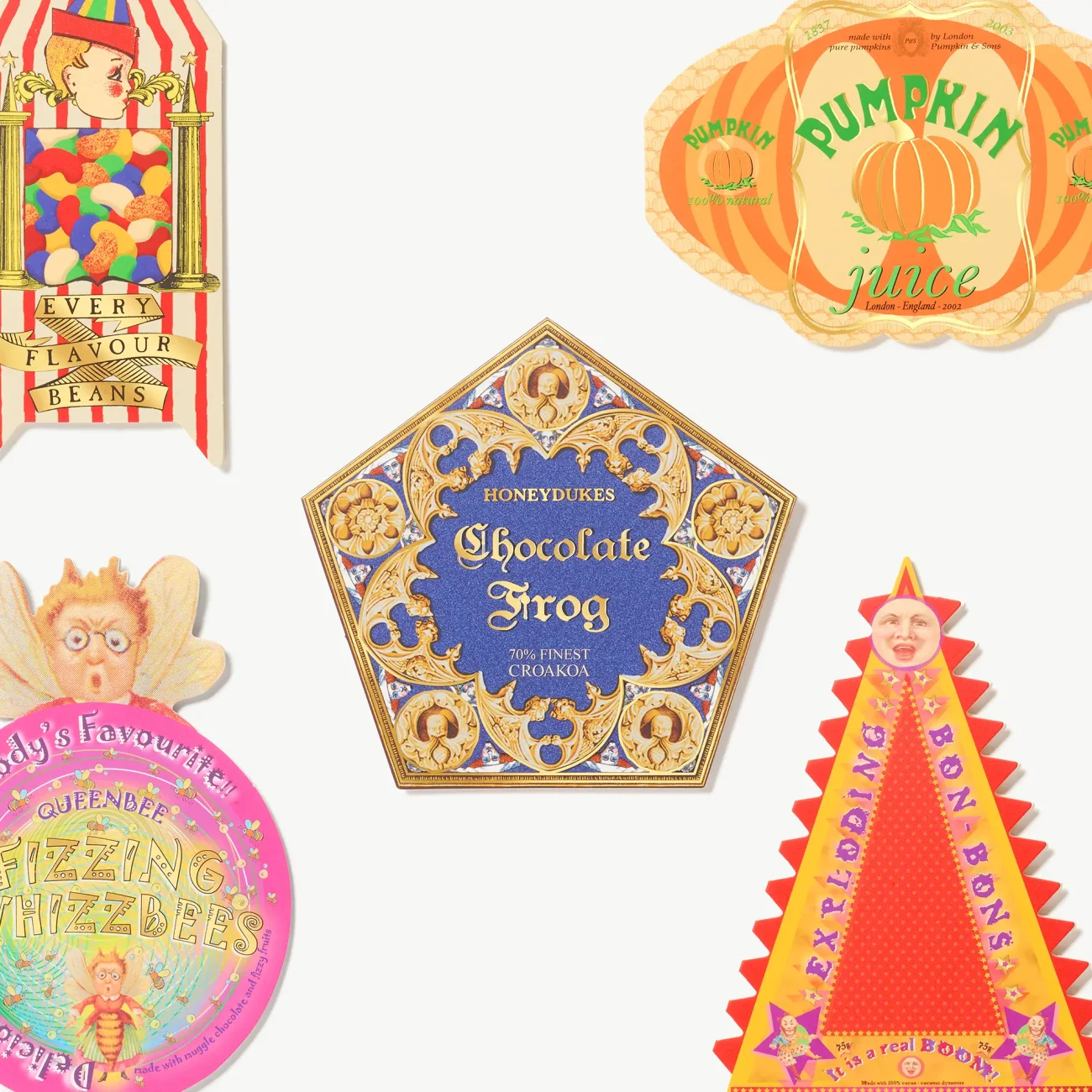 Honeydukes Harry Potter shaped notecard set with 5 designs including Pumpkin Juice, Fizzing Whizzbees, Chocolate Frog, Exploding Bon Bons, and Bertie Botts Every-Flavour Beans (zoomed-in image)