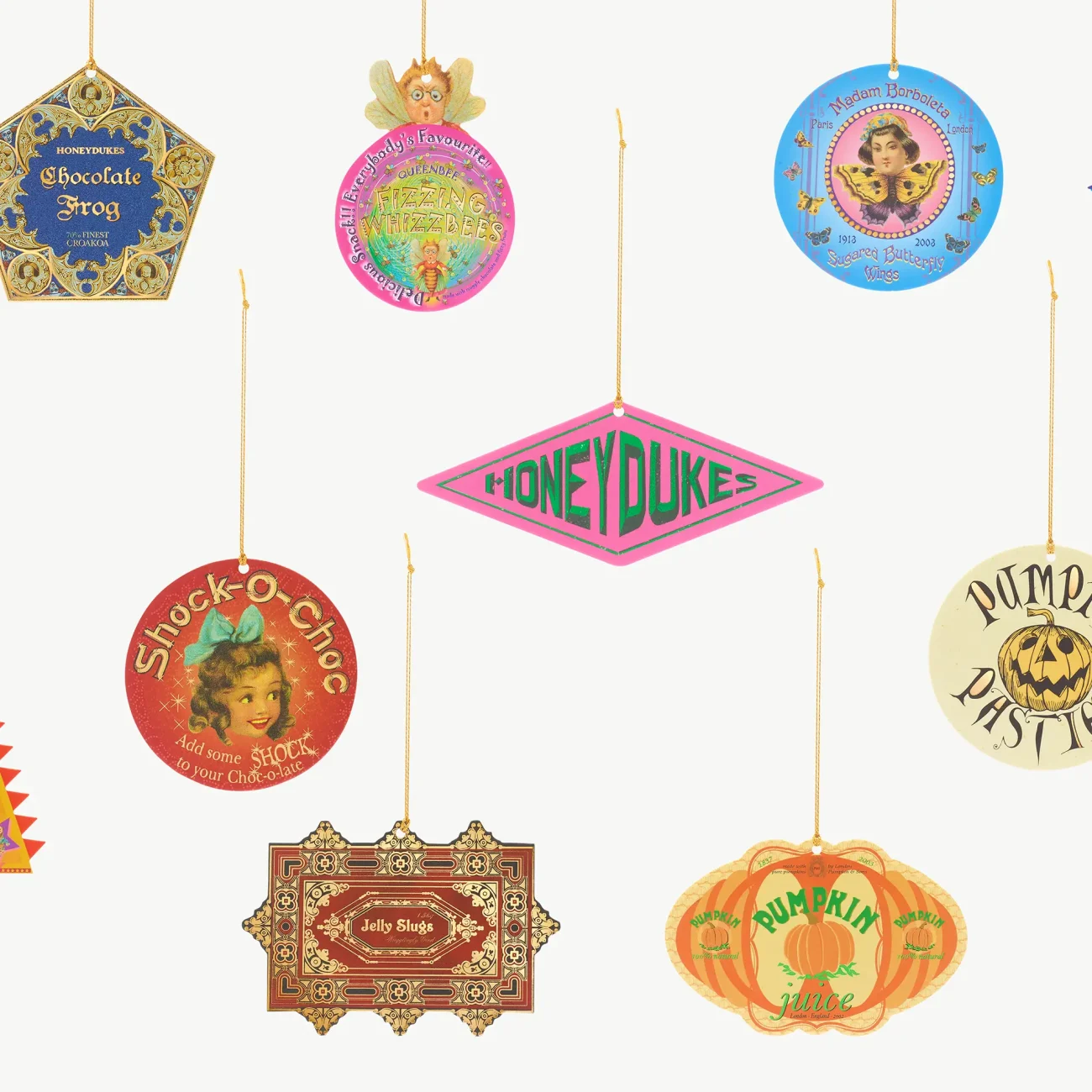 Honeydukes Wizarding Confectionery Harry Potter hanging decoration set - 12 decorations including Chocolate Frog, Pumpkin Pasties, Cauldron Cakes and Bertie Botts Every-Flavour Beans (zoomed-in image)