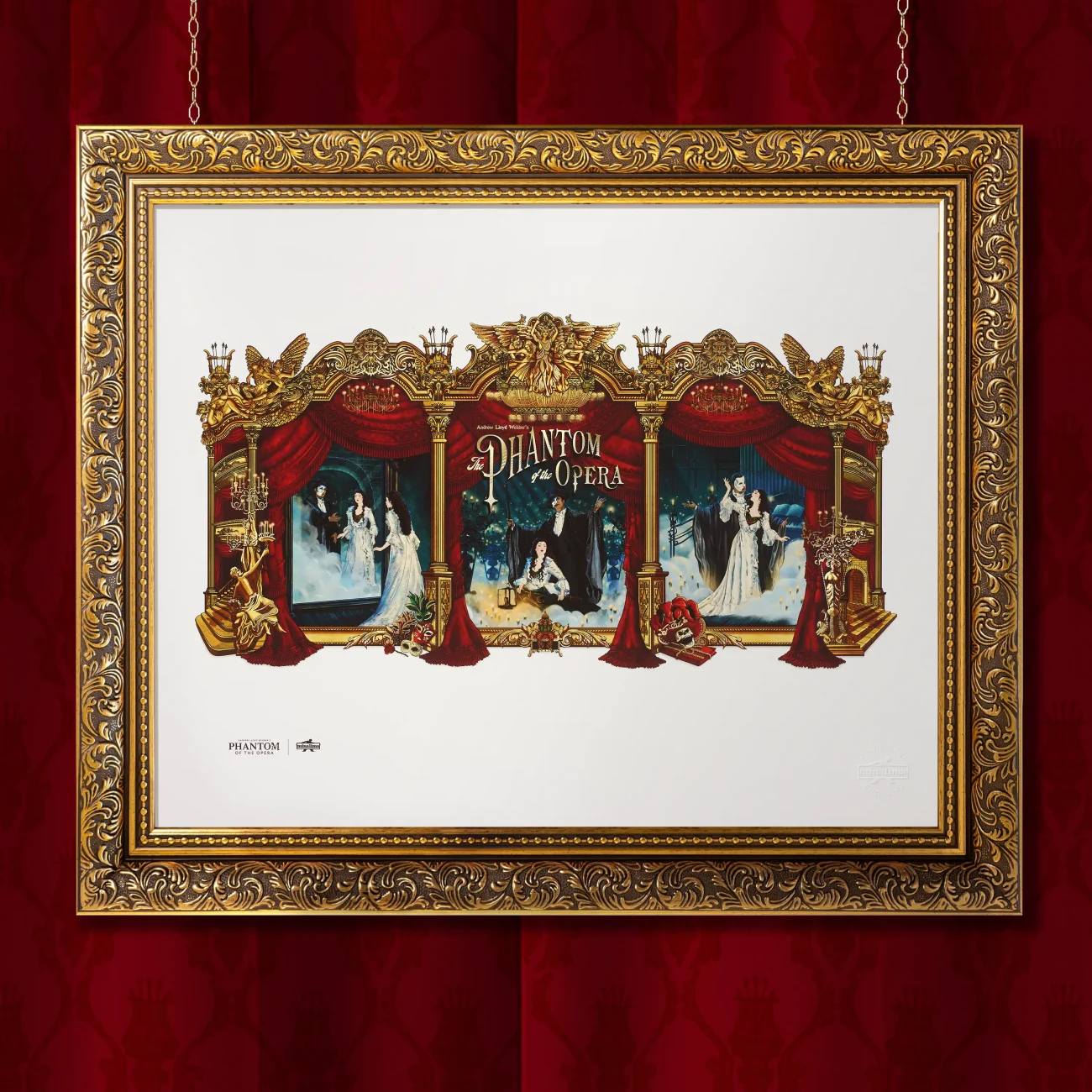 'Phantom of the Opera' 40th anniversary limited edition triptych art print, featuring a triptych inspired by the show's iconic songs: 'Angel of Music', 'The Phantom of the Opera' and 'The Music of the Night' (framed view)