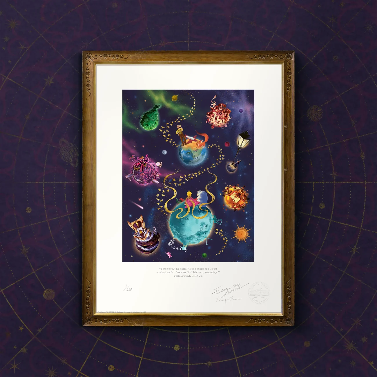 The Little Prince planets compilation art print “I believe he took advantage of a migration of wild birds for his escape…” (framed view)