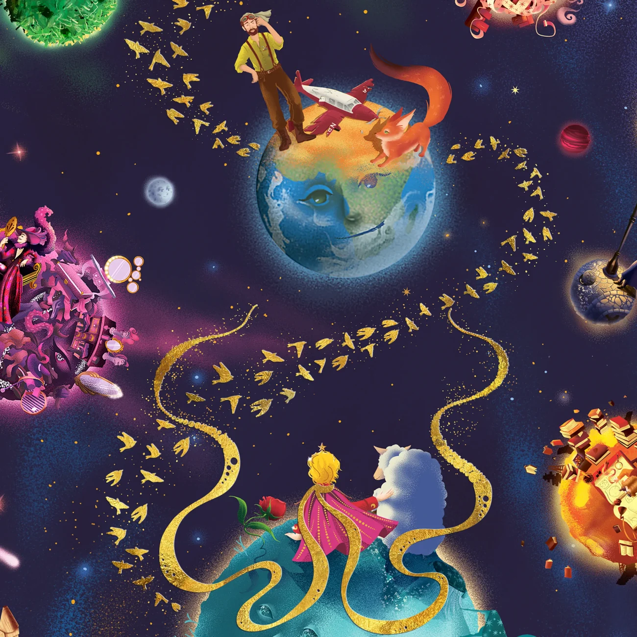 The Little Prince planets compilation art print “I believe he took advantage of a migration of wild birds for his escape…” (close-up detail)