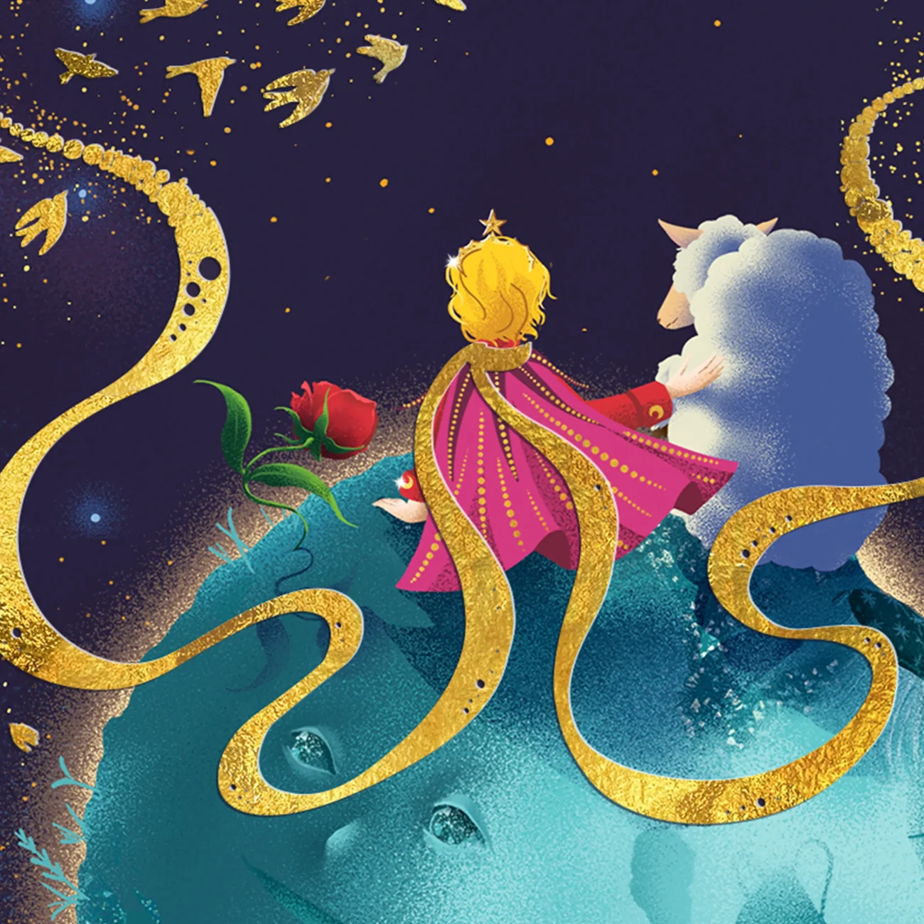 The Little Prince planets compilation art print “I believe he took advantage of a migration of wild birds for his escape…” (close-up detail)