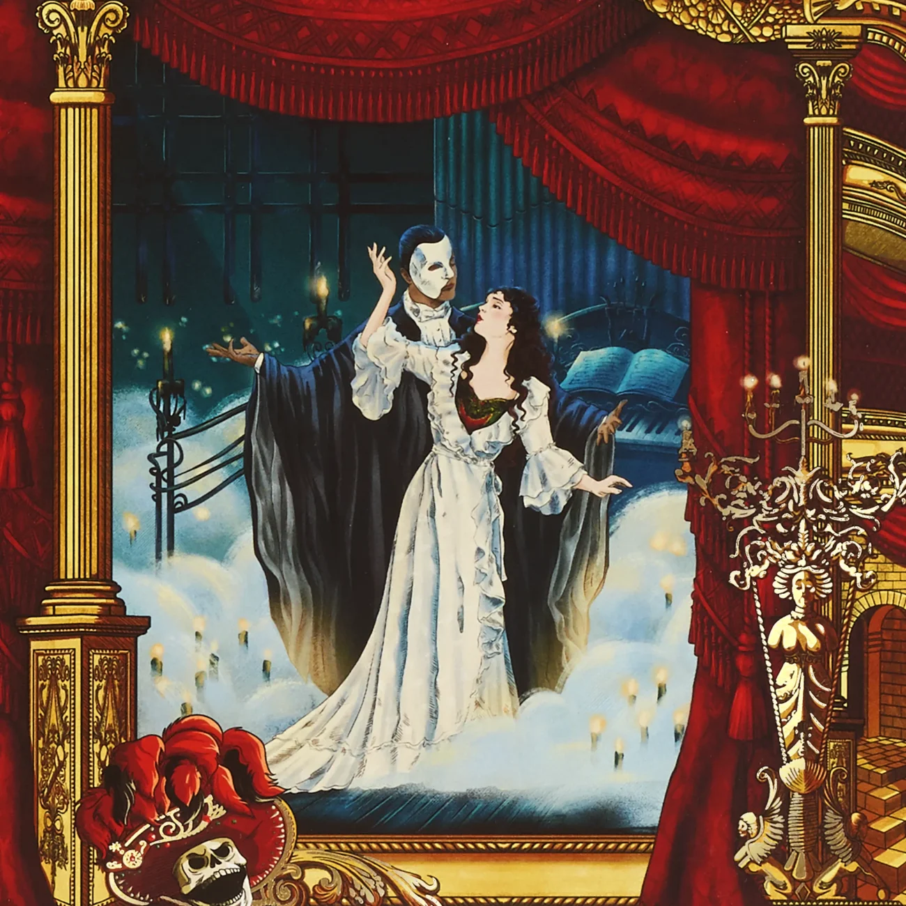 'Phantom of the Opera' 40th anniversary limited edition triptych art print, featuring a triptych inspired by the show's iconic songs: 'Angel of Music', 'The Phantom of the Opera' and 'The Music of the Night' (close-up view)