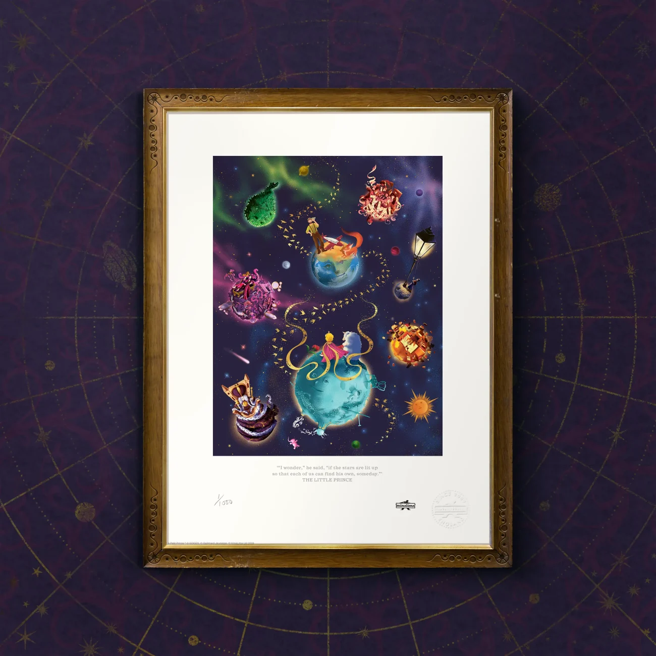 The Little Prince planets compilation art print “I believe he took advantage of a migration of wild birds for his escape…” (standard framed view)