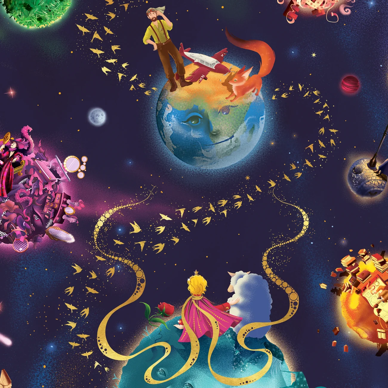 The Little Prince planets compilation art print “I believe he took advantage of a migration of wild birds for his escape…” (close-up detail)