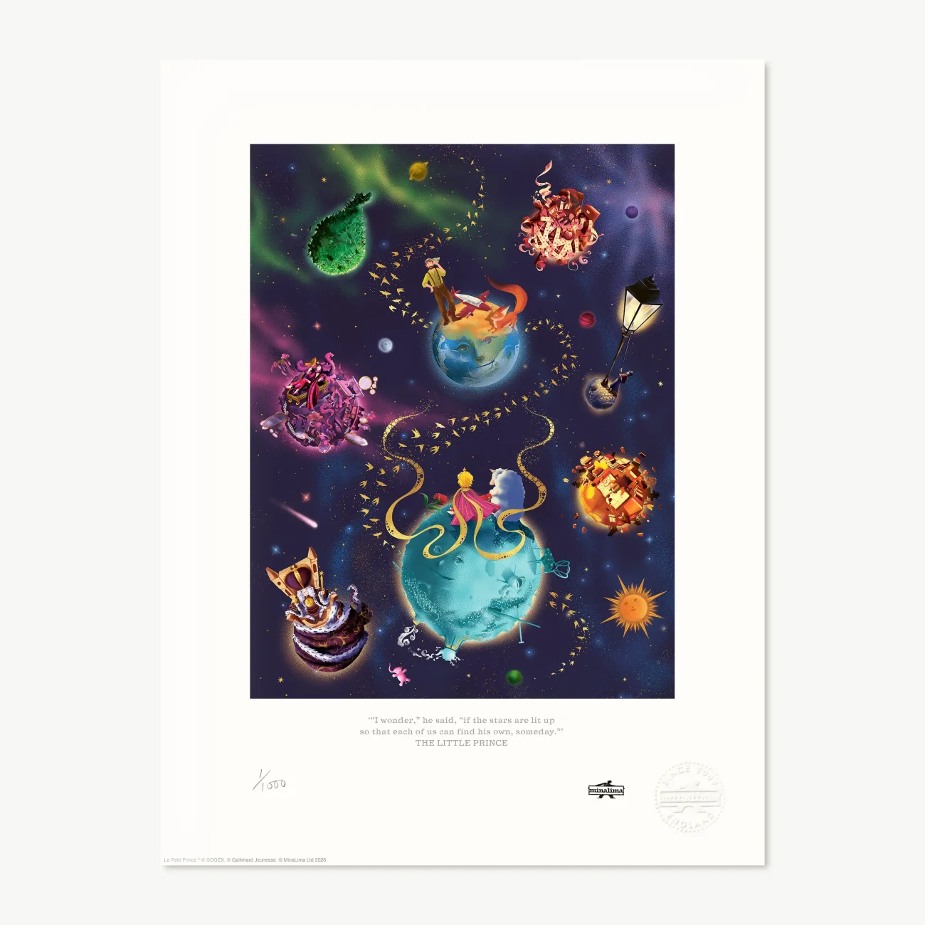 The Little Prince planets compilation art print “I believe he took advantage of a migration of wild birds for his escape…”