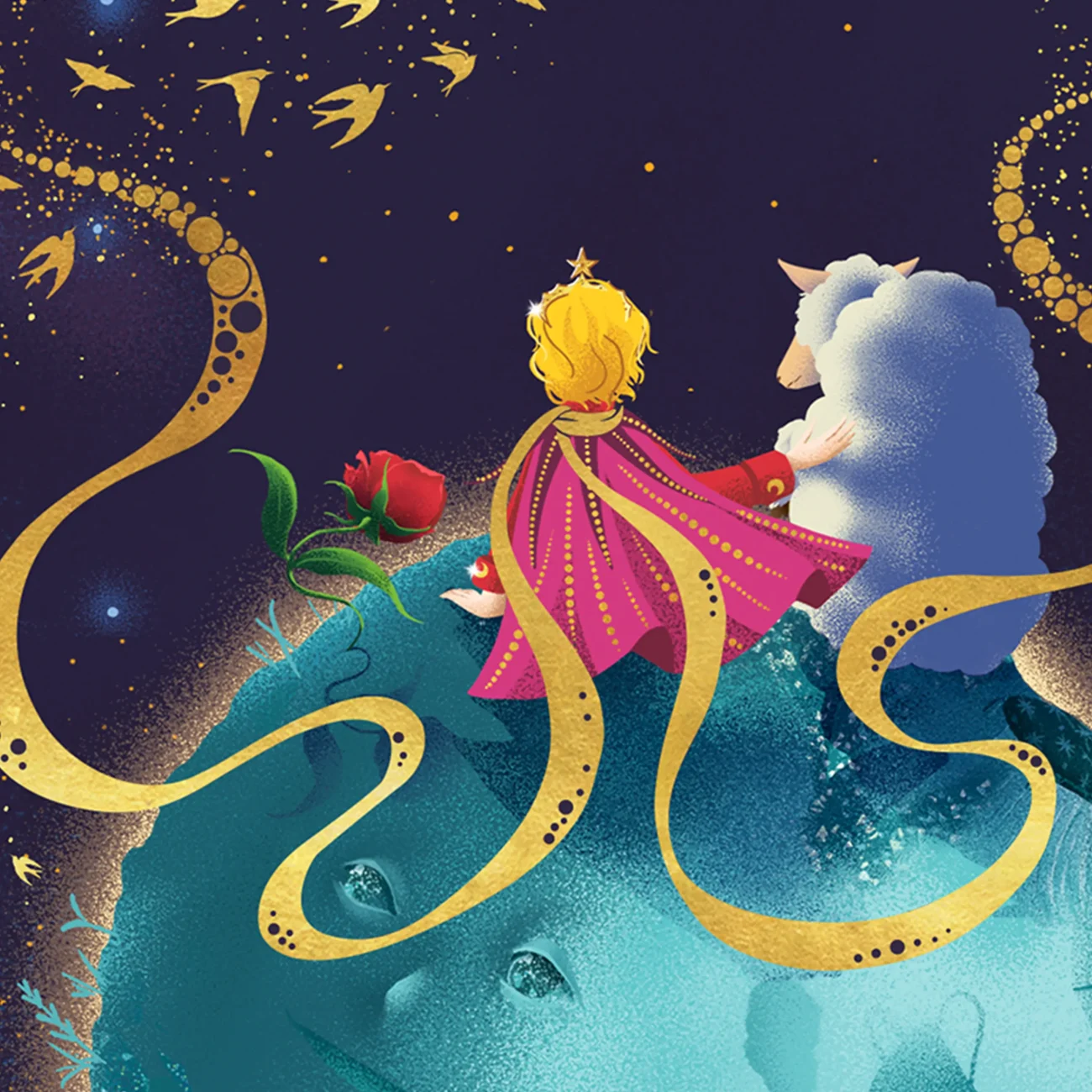 The Little Prince planets compilation art print “I believe he took advantage of a migration of wild birds for his escape…” (close-up detail)