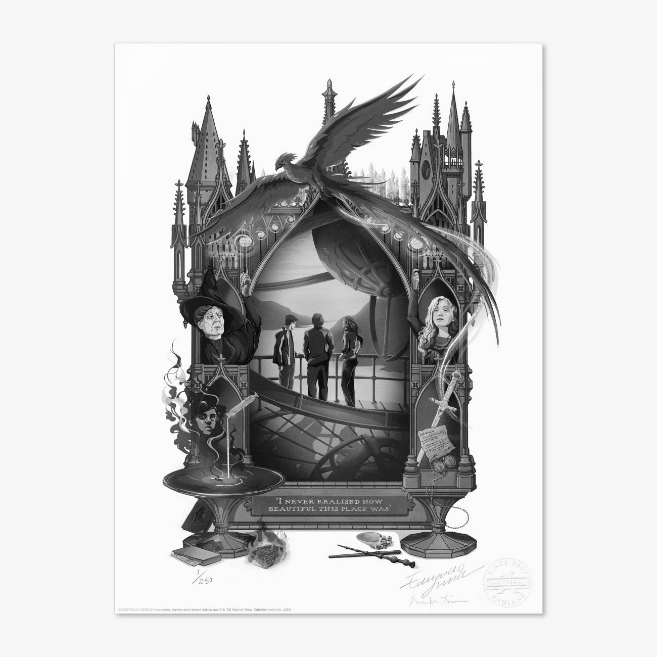 Limited edition 'Harry Potter and the Half-Blood Prince' MinaLima art print featuring Harry, Ron and Hermione gazing at the view from the Astronomy Tower