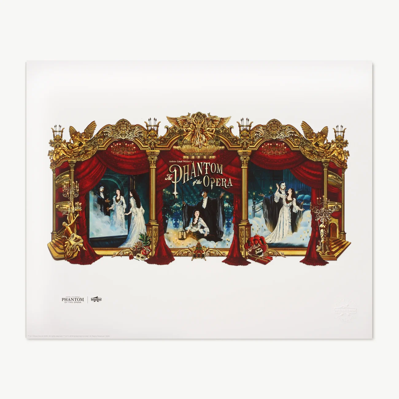 'Phantom of the Opera' 40th anniversary limited edition triptych art print, featuring a triptych inspired by the show's iconic songs: 'Angel of Music', 'The Phantom of the Opera' and 'The Music of the Night'.