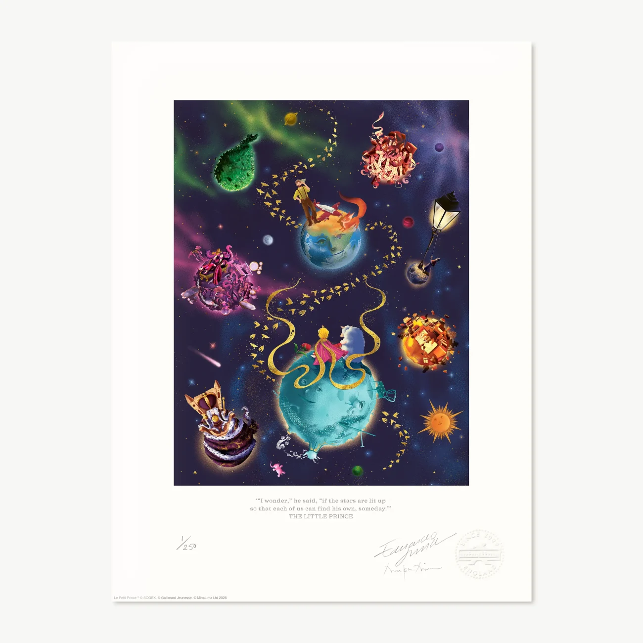 The Little Prince planets compilation art print “I believe he took advantage of a migration of wild birds for his escape…”