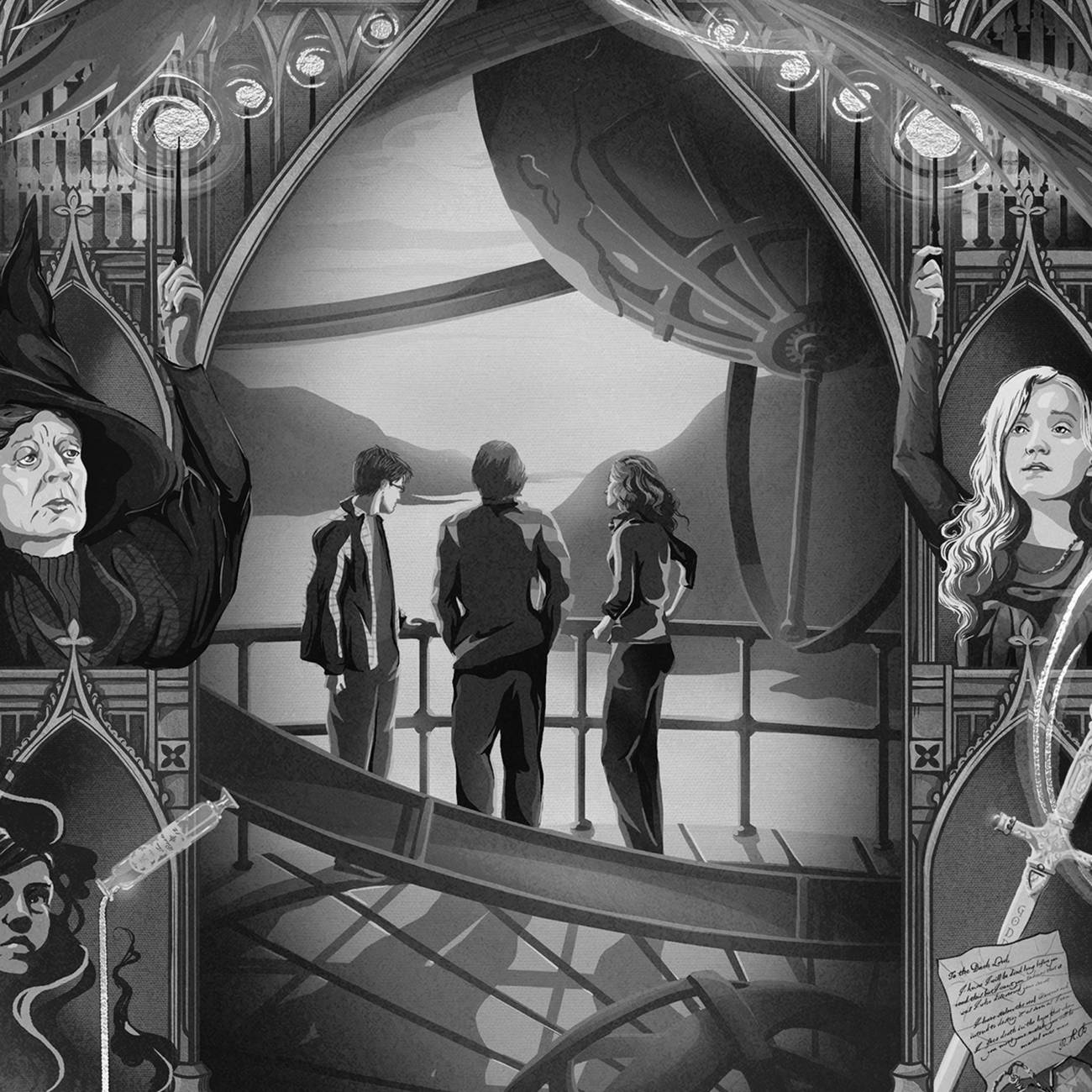 Limited edition 'Harry Potter and the Half-Blood Prince' MinaLima art print featuring Harry, Ron and Hermione gazing at the view from the Astronomy Tower (zoomed in view)